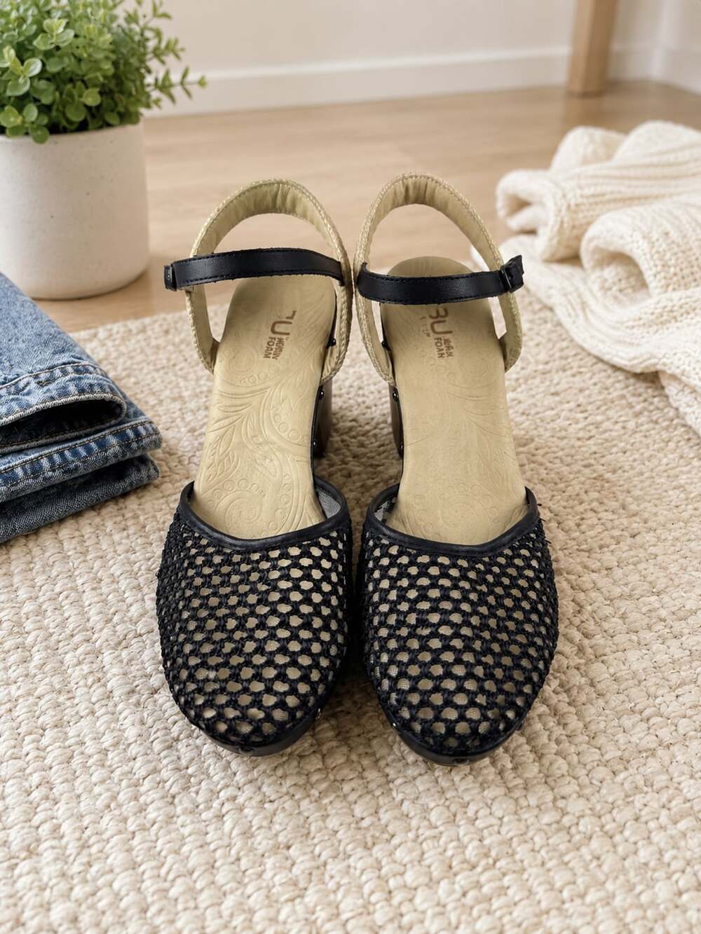 JBU by Jambu Celine Black Mesh Wedge Sandals Memory Foam Womens 9.5M